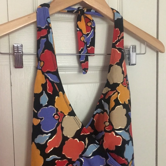 Islander tropical halter wrap style 1pc Swimsuit 16 XL black red gold metallic - Picture 2 of 5